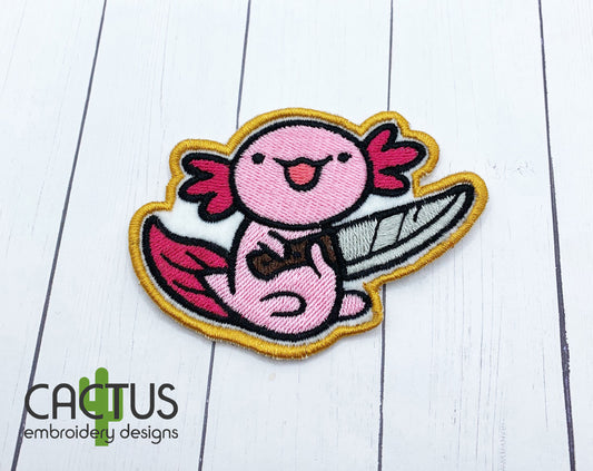 Axolotl with a Knife Patch Embroidery Design