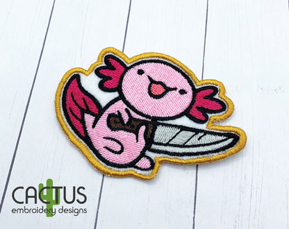 Axolotl with a Knife Patch Embroidery Design