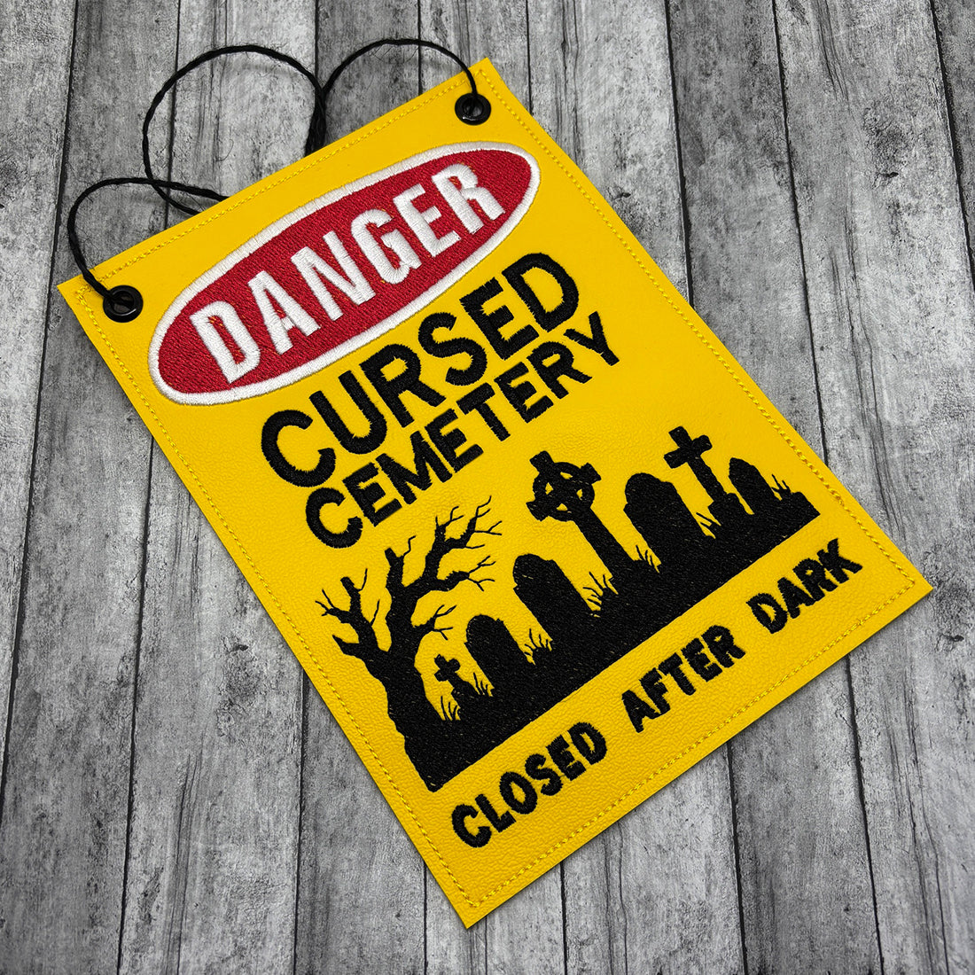 Cursed cemetery door sign embroidery design, Halloween decoration warning sign reading closed after dark