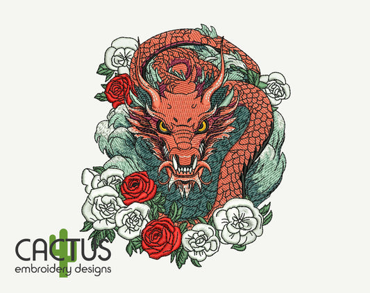 Dragon with Flowers Patch Embroidery Design