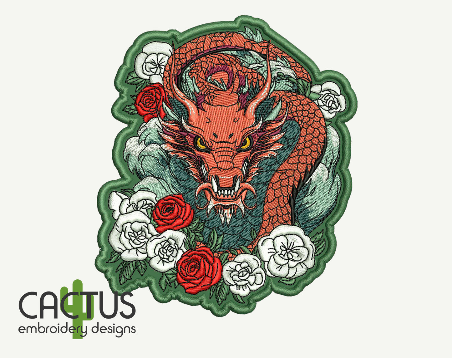 Dragon with Flowers Patch Embroidery Design