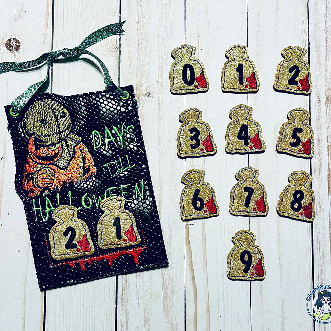Sack-headed creature Days Till Halloween countdown embroidery design