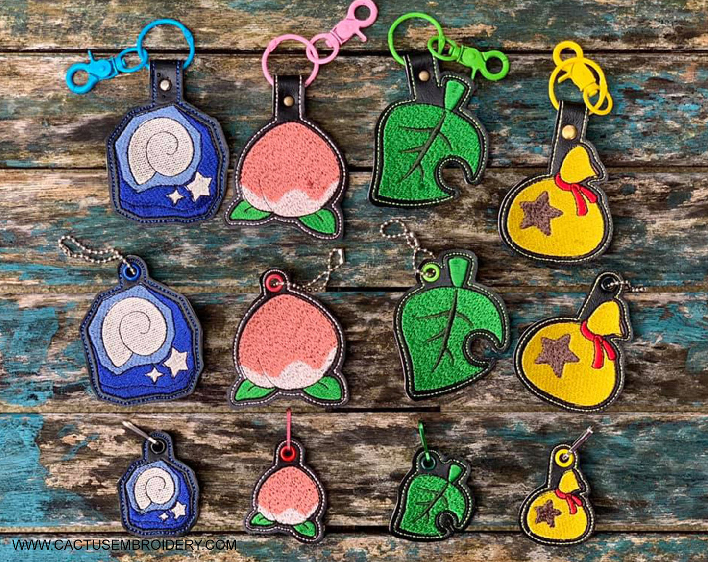 Bells, Fossil, Leaf and Peach Set of Eyelet Fob, Snap Tab & Zipper Pull