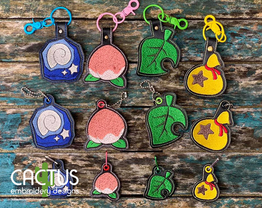 Bells, Fossil, Leaf and Peach Set of Eyelet Fob, Snap Tab & Zipper Pull