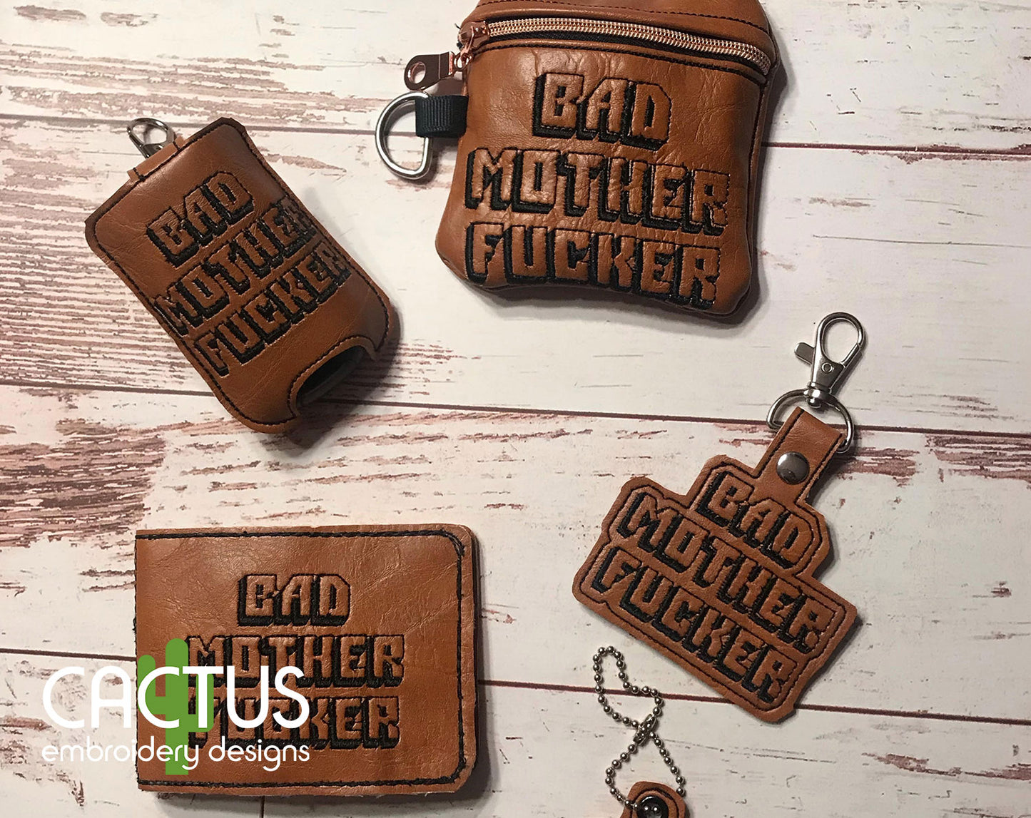 Bad MF Set of Embroidery Design, Eyelet Fob, Snap Tab, Zipper Bag & Sanitizer Holder