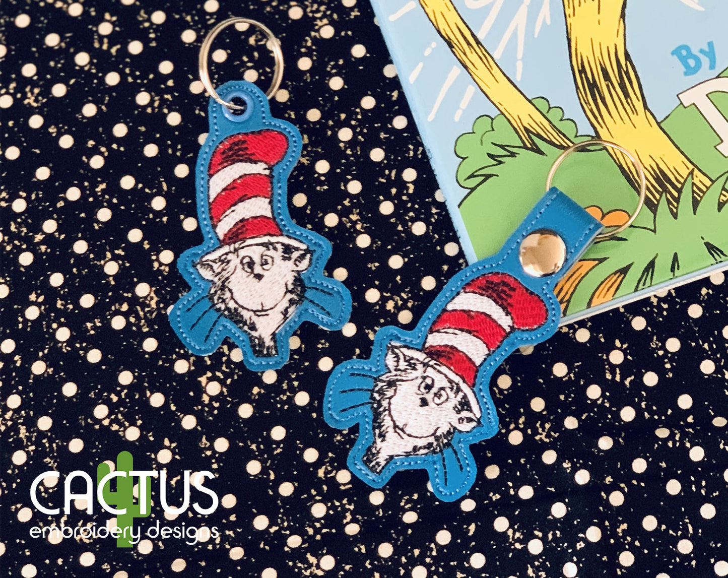 Cat in the Hat Bookmark \Bag Tag, Eyelet Fob,Snap Tab