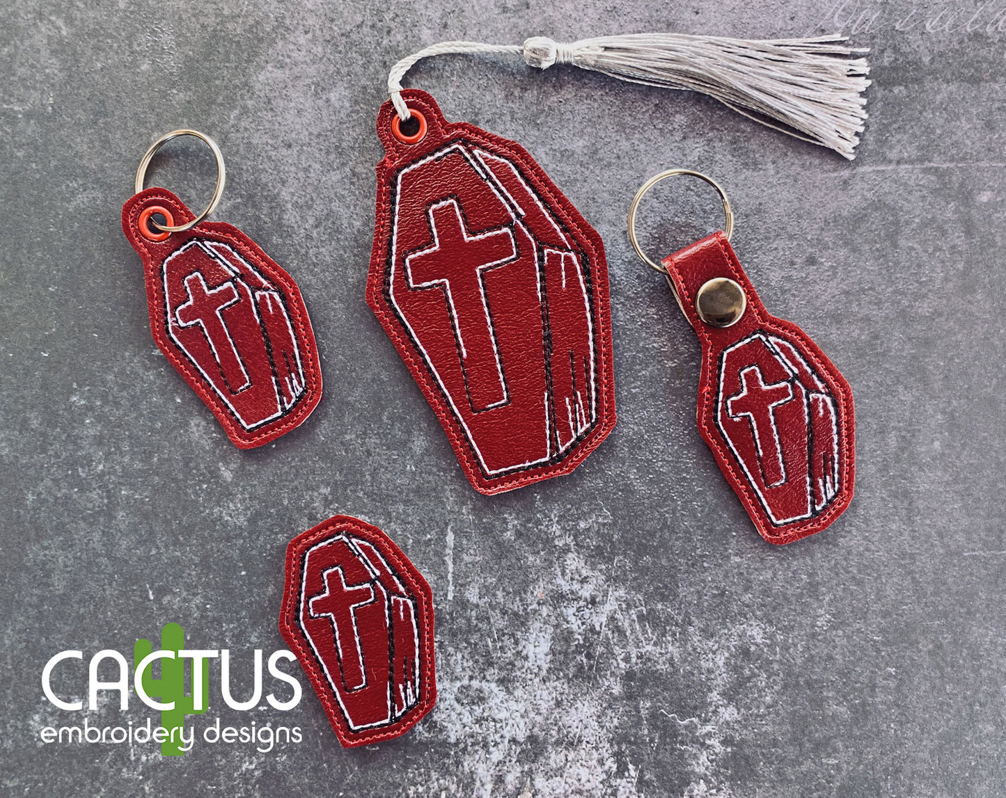 Coffin Set of Bookmark\Bag Tag, Eyelet Fob, Feltie, Snap Tab