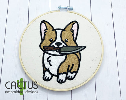 Corgi with a Knife Patch Embroidery Design