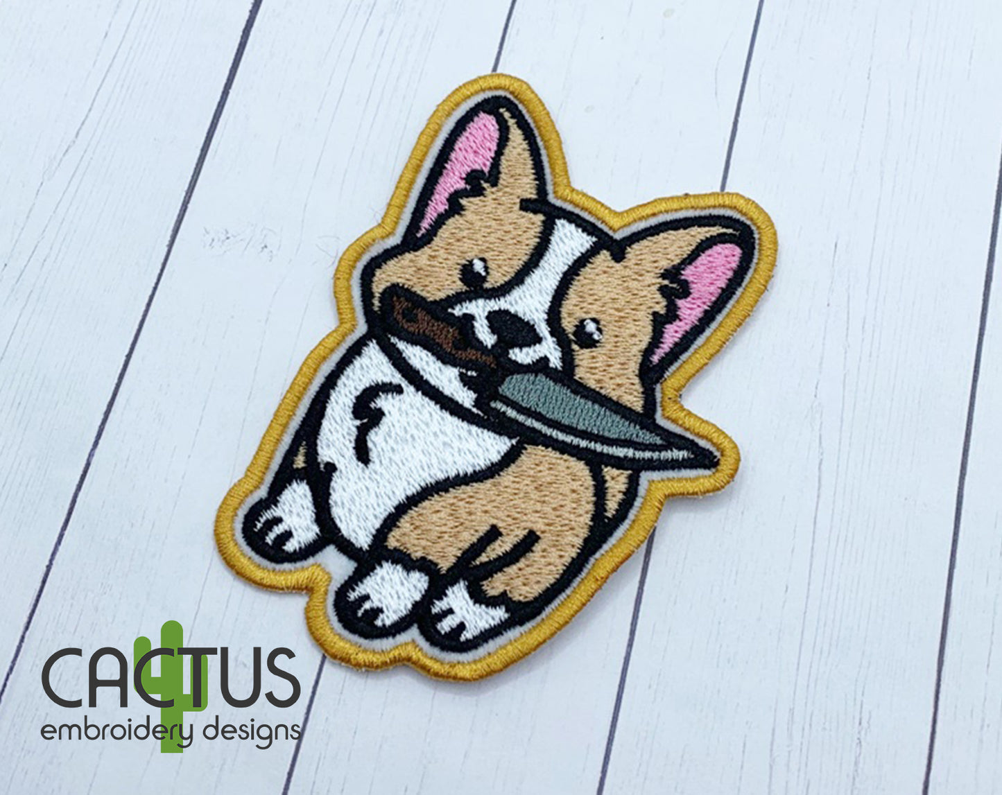 Corgi with a Knife Patch Embroidery Design