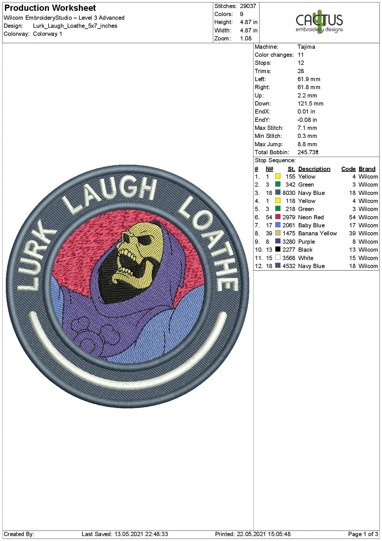Lurk Laugh Loathe Patch Embroidery Design