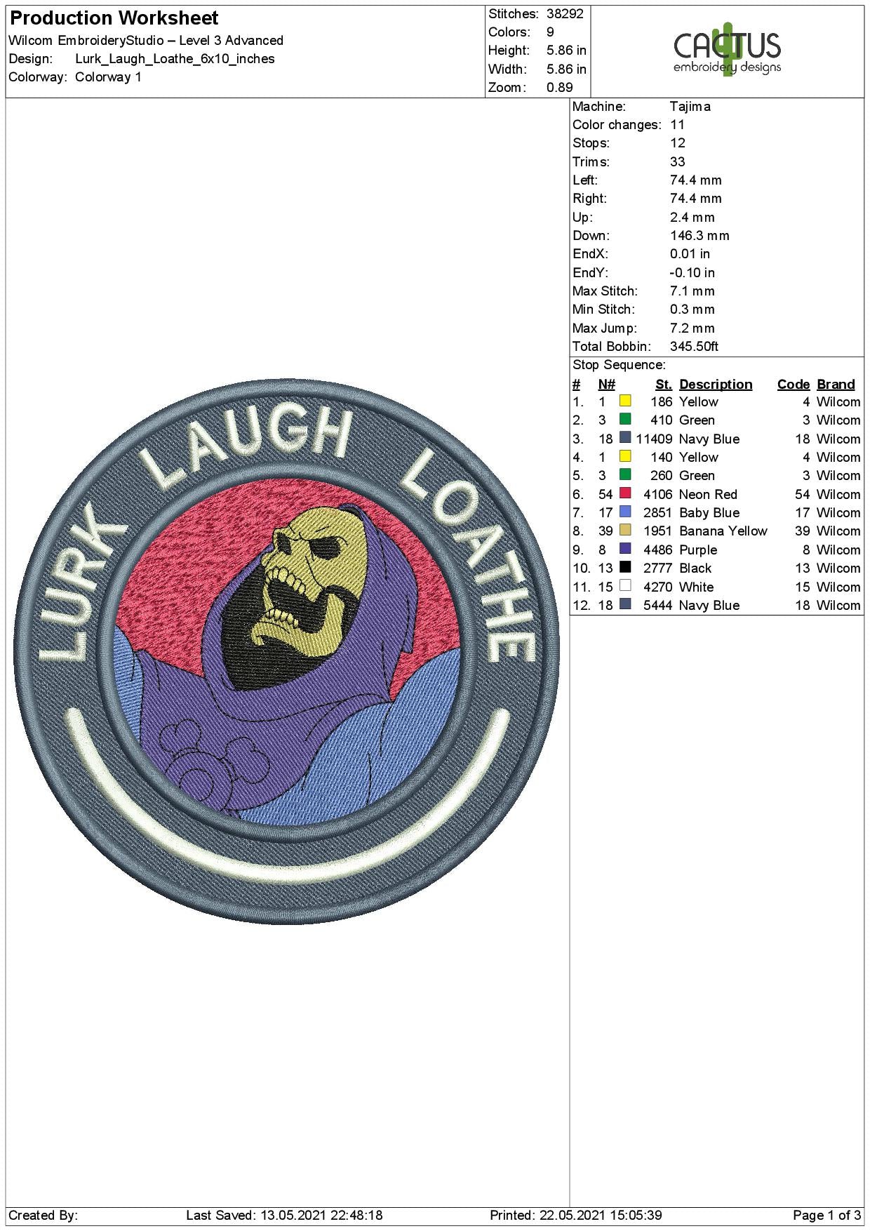 Lurk Laugh Loathe Patch Embroidery Design