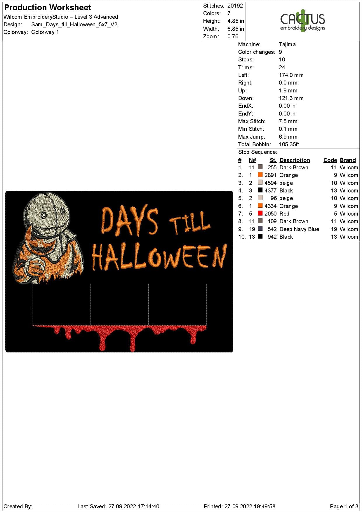 Sam Days till Halloween Countdown Embroidery Design