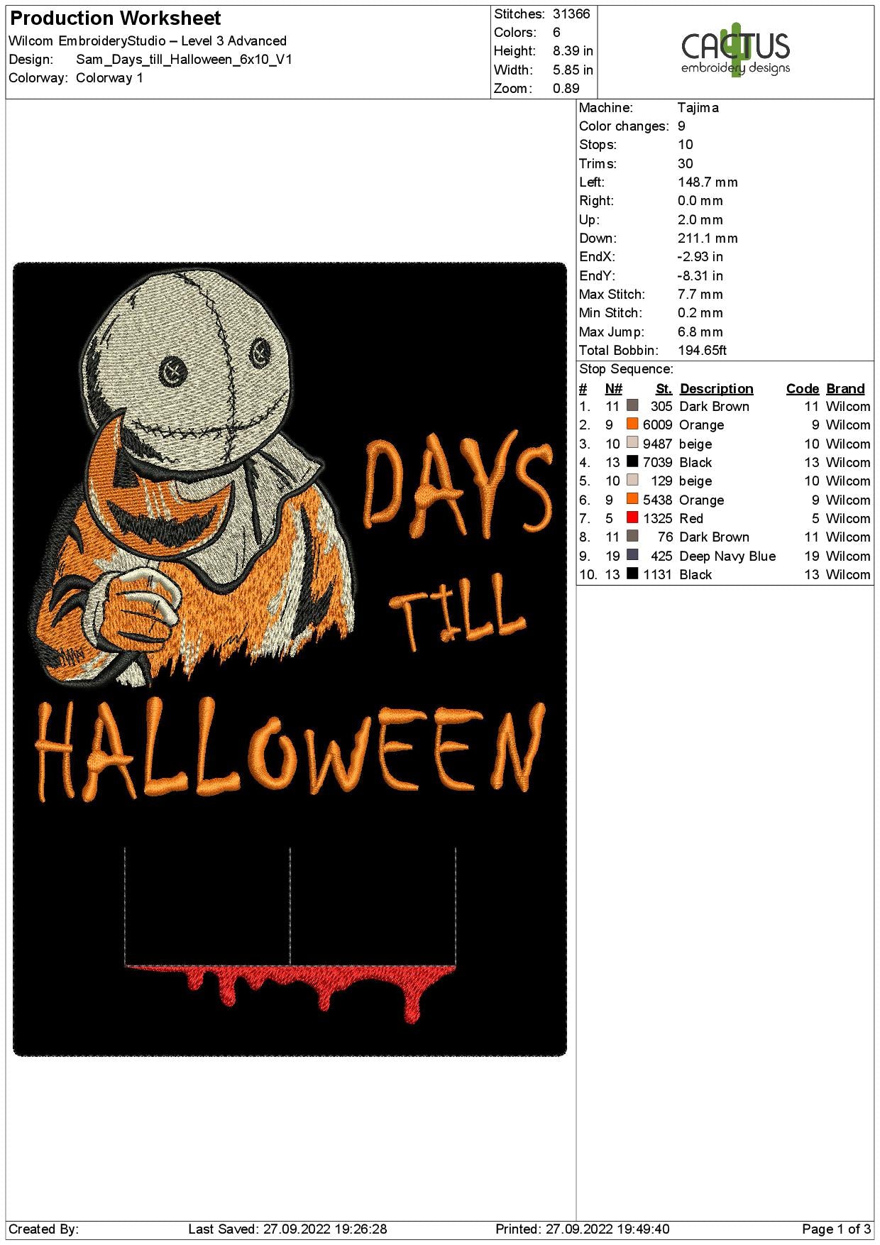 Sam Days till Halloween Countdown Embroidery Design