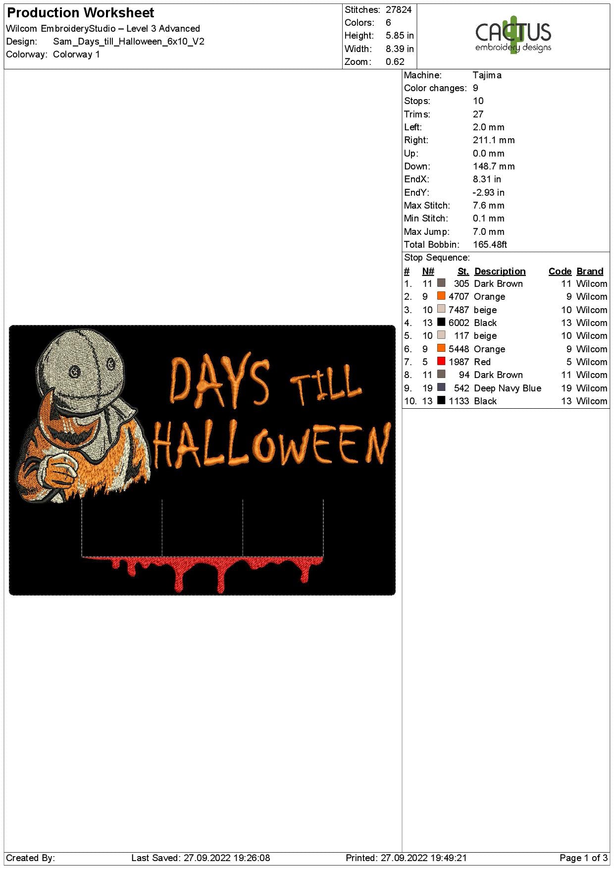 Sam Days till Halloween Countdown Embroidery Design
