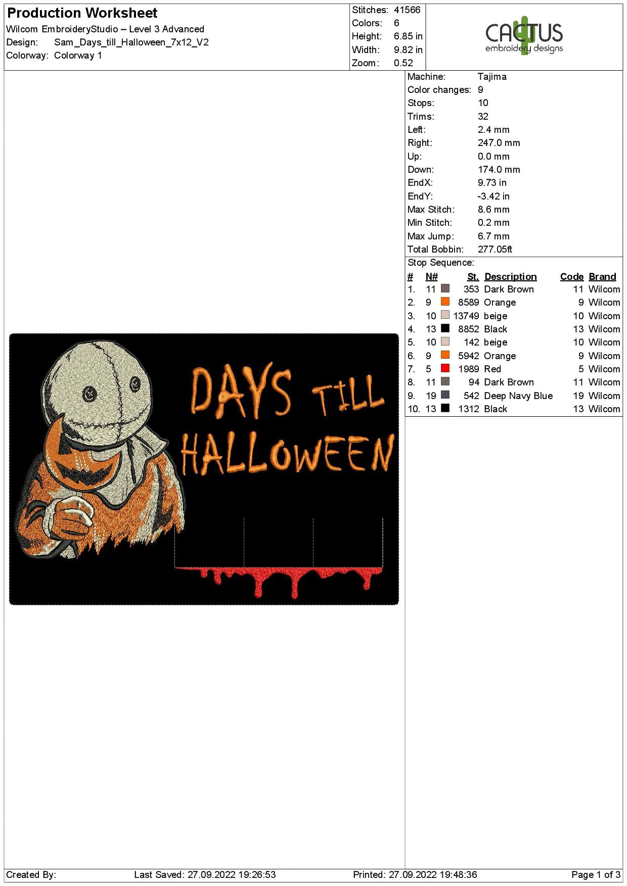 Sam Days till Halloween Countdown Embroidery Design