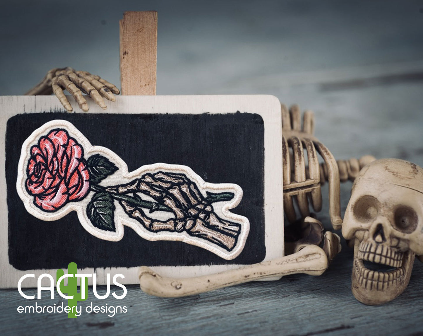 Skeleton Hand with Rose Patch Embroidery Design