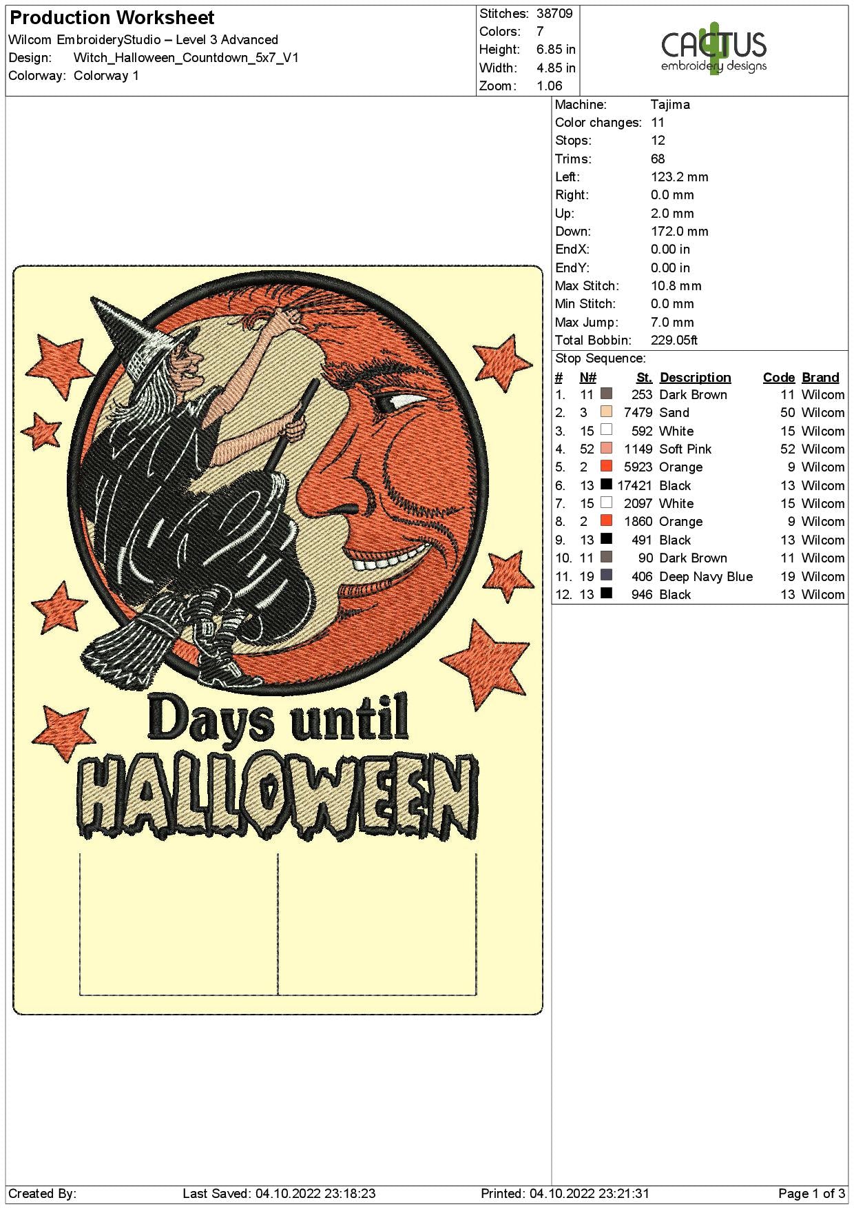 Witch Days till Halloween Countdown Embroidery Design