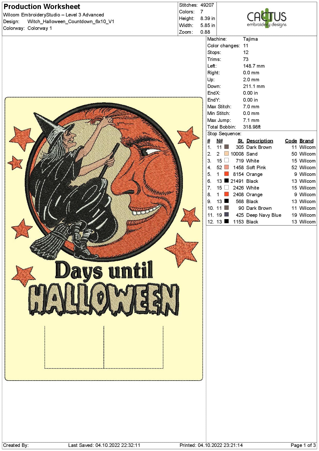 Witch Days till Halloween Countdown Embroidery Design