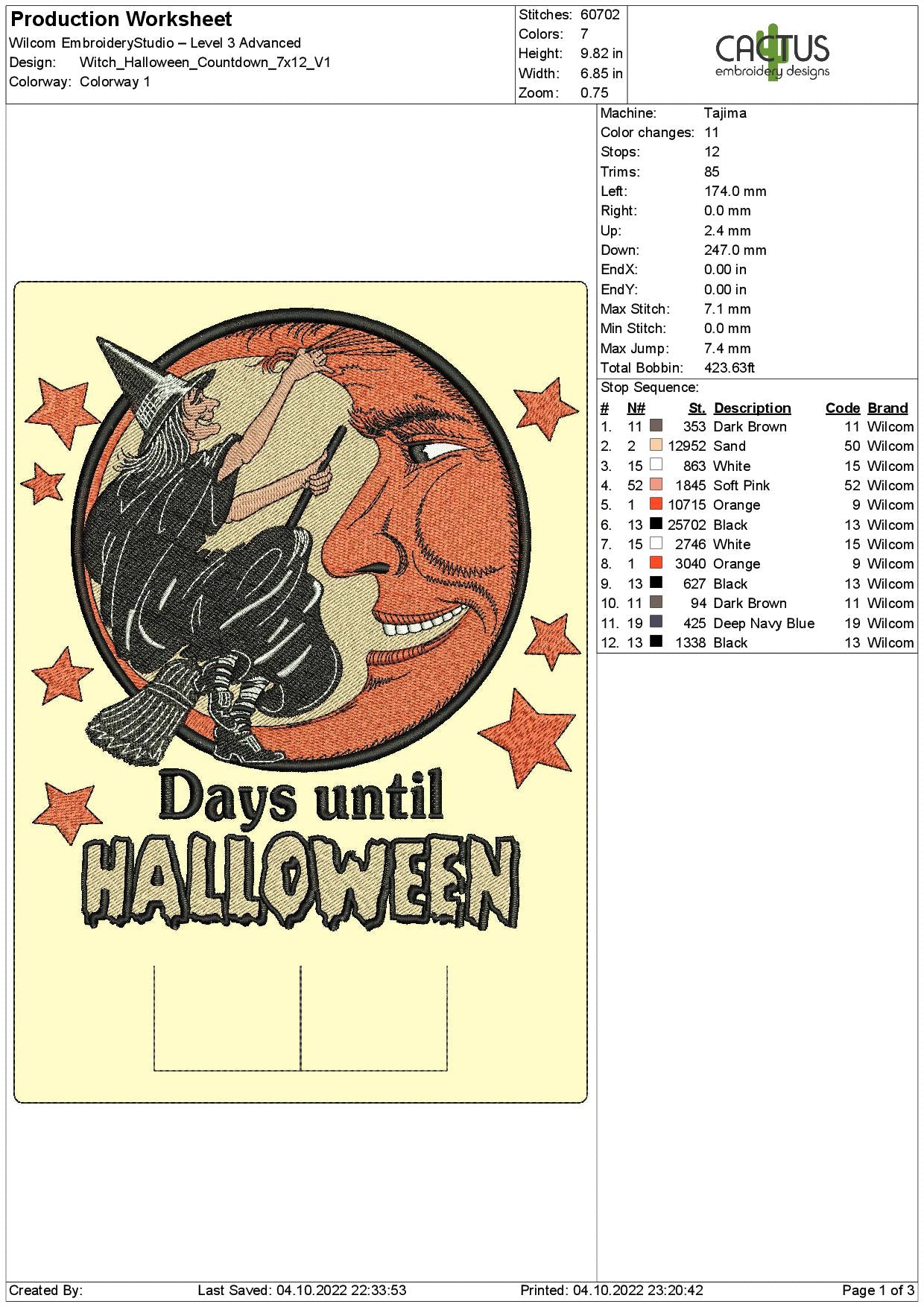 Witch Days till Halloween Countdown Embroidery Design