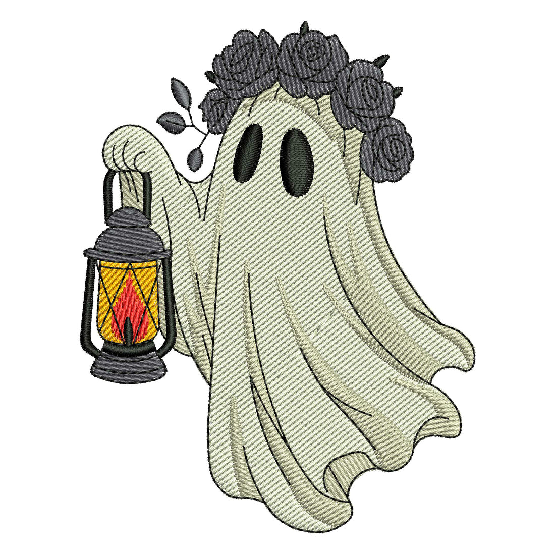 Boo After Dark gothic ghost wearing a black rose wreath and holding a kerosene lantern full fill embroidery design