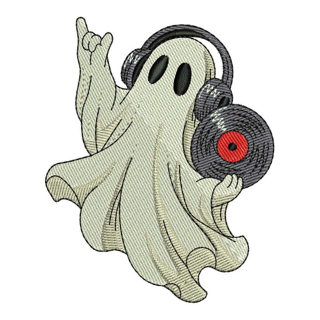 Boo Beats Halloween ghost holding a vinyl record full fill machine embroidery design