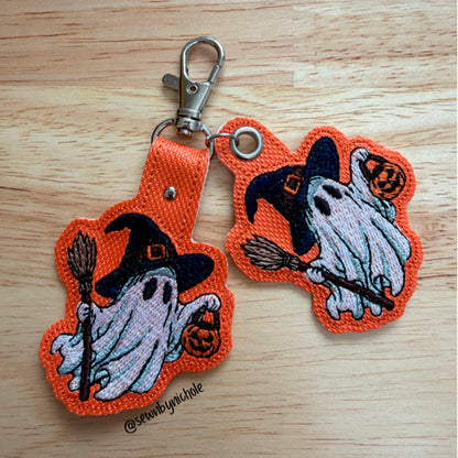 Boo & Broomstick ghost and broomstick snap tab and eyelet fob machine embroidery design