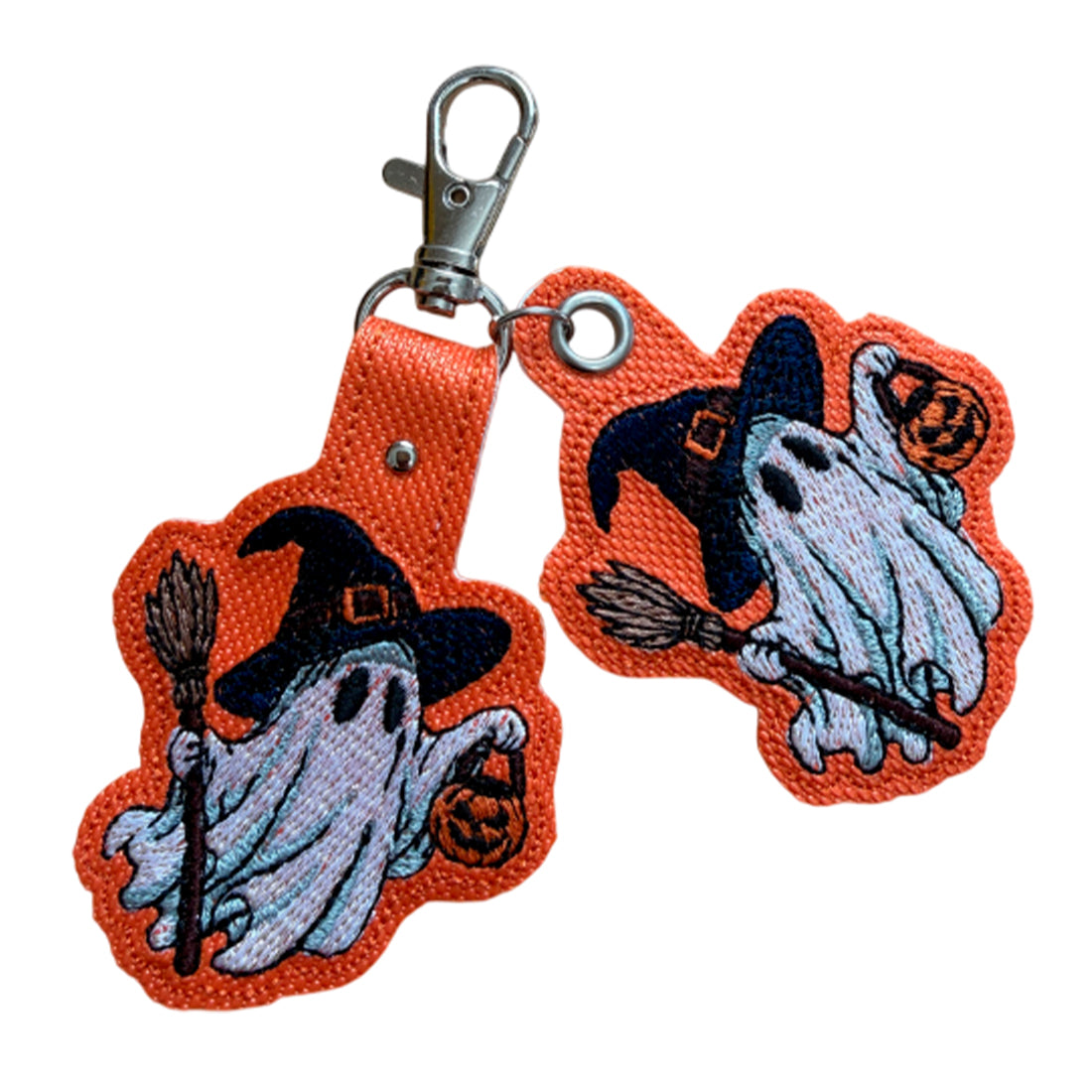 Boo & Broomstick ghost and broomstick snap tab and eyelet fob machine embroidery design