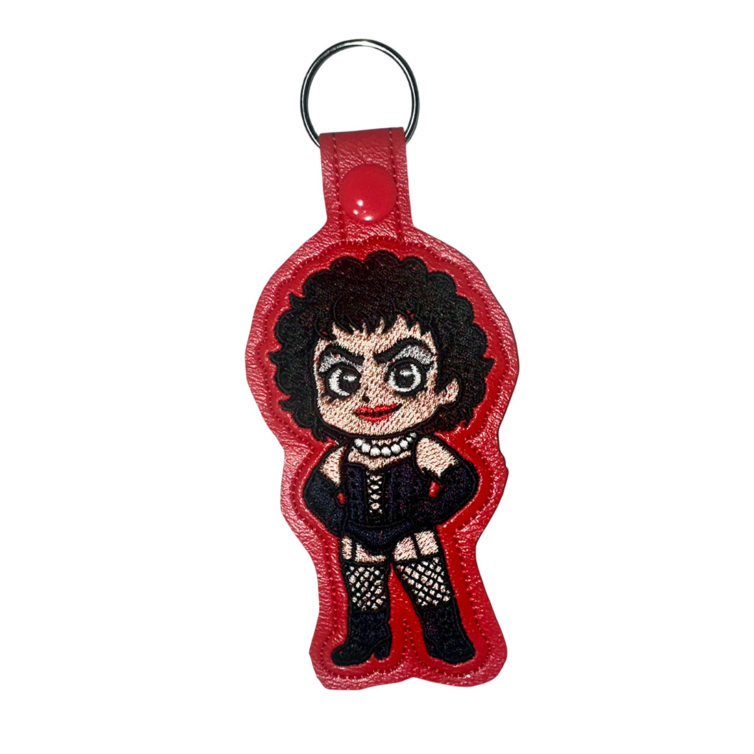 Glam rock stockings snap tab and eyelet fob embroidery design, cabaret-style figure in fishnet stockings and wig