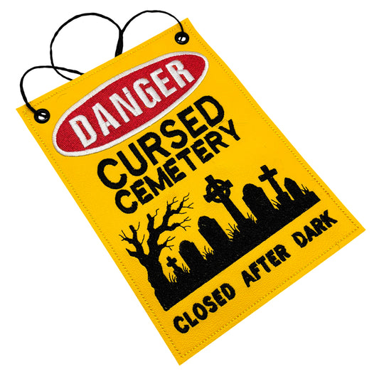 Cursed cemetery door sign embroidery design, Halloween decoration warning sign reading closed after dark