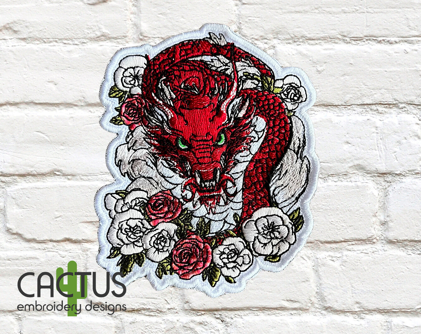 Dragon with Flowers Patch Embroidery Design