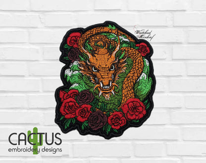 Dragon with Flowers Patch Embroidery Design