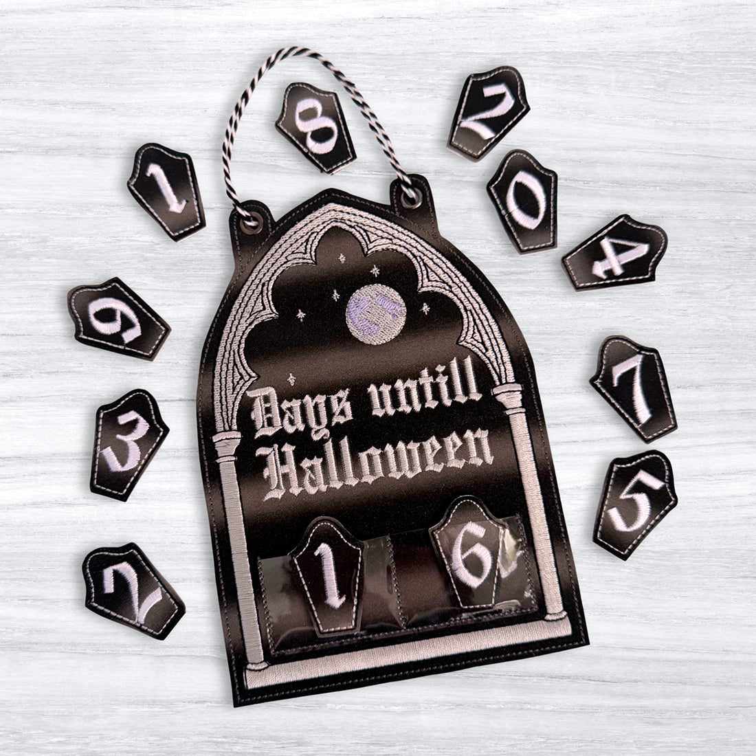Gothic window countdown ITH embroidery design, spooky in-the-hoop project
