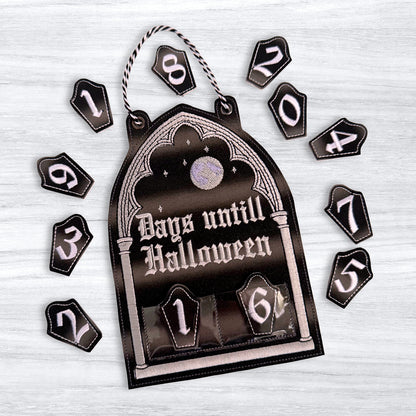 Gothic window countdown ITH embroidery design, spooky in-the-hoop project