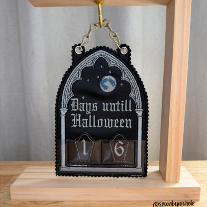 Gothic window countdown ITH embroidery design, spooky in-the-hoop project