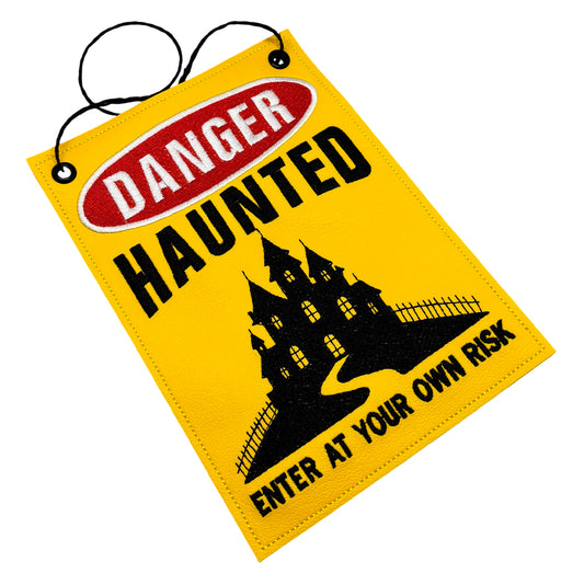 Haunted castle door sign embroidery design, Halloween warning sign reading danger enter at your own risk