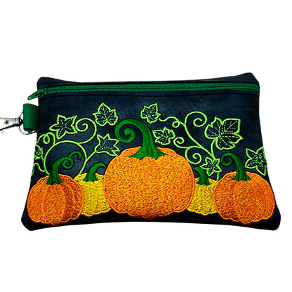Pumpkin harvest zipper bag ITH embroidery design, five whimsical magical autumn pumpkins