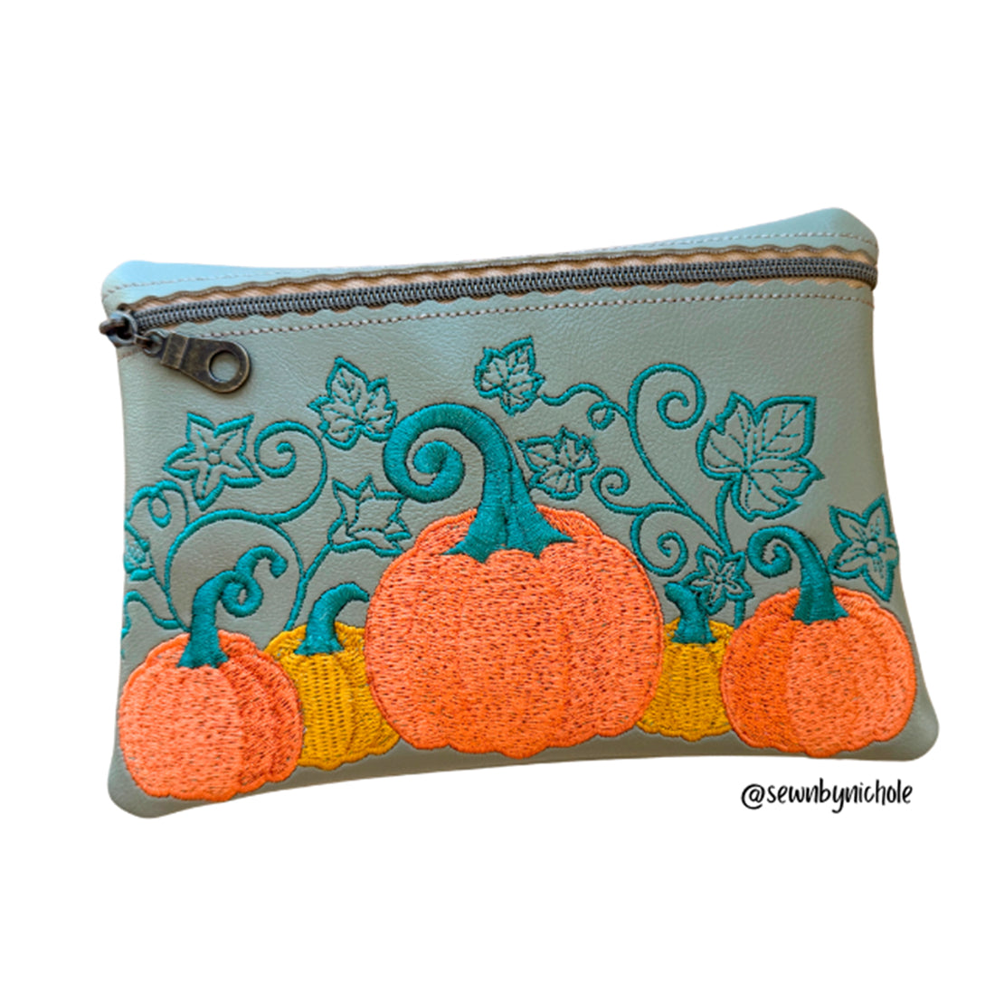 Pumpkin harvest zipper bag ITH embroidery design, five whimsical magical autumn pumpkins