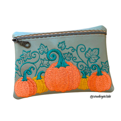 Pumpkin harvest zipper bag ITH embroidery design, five whimsical magical autumn pumpkins