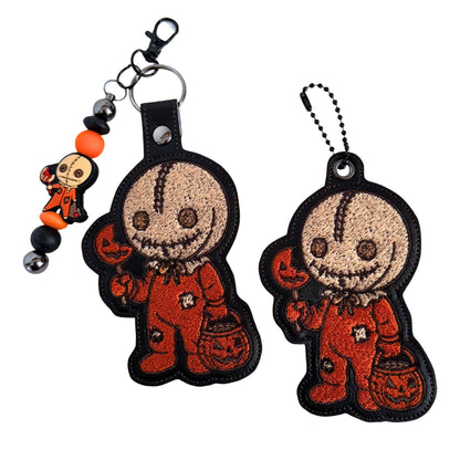 Sackhead Halloween Creature snap tab and eyelet fob machine embroidery design