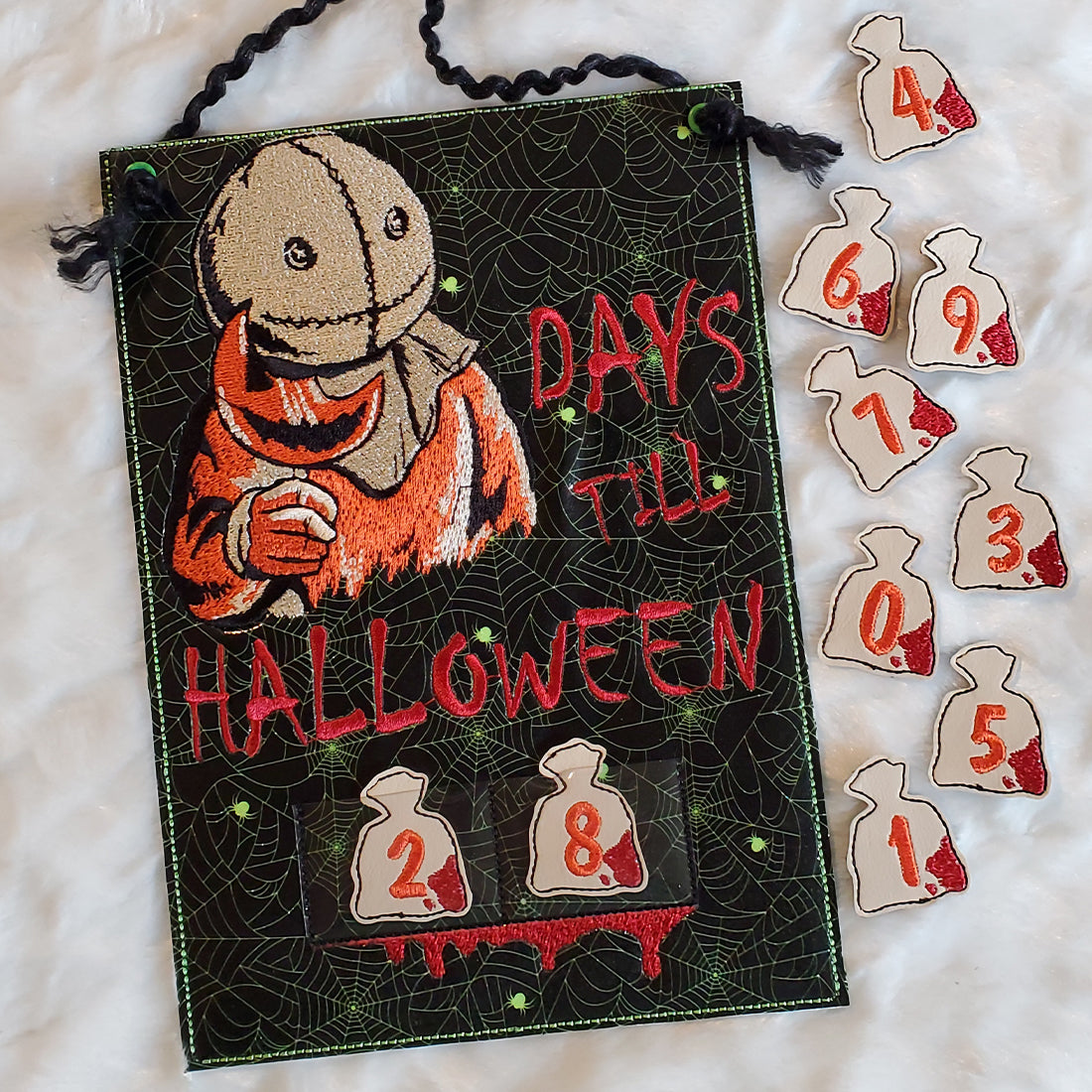Sack-headed creature Days Till Halloween countdown embroidery design