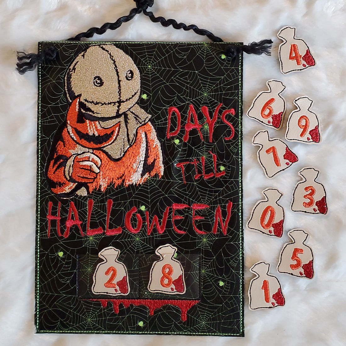 Sack-headed creature Days Till Halloween countdown embroidery design