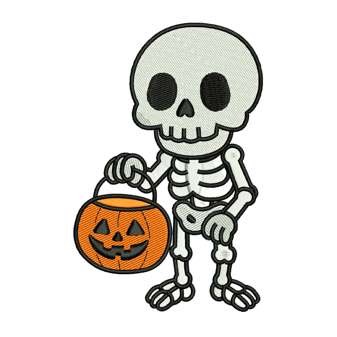 Skeleton with a Halloween Bucket Embroidery Design