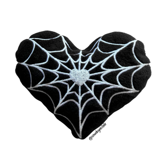 Spiderweb heart plushie Halloween ITH embroidery design, creepy-cute heart plush with spiderweb detail