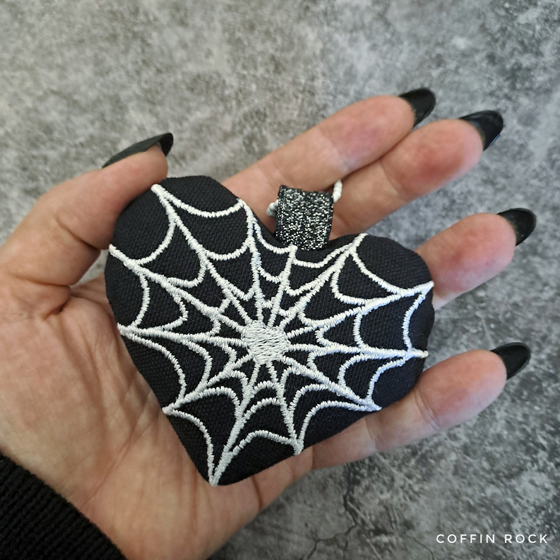Spiderweb heart plushie Halloween ITH embroidery design, creepy-cute heart plush with spiderweb detail