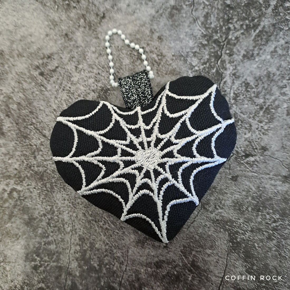 Spiderweb heart plushie Halloween ITH embroidery design, creepy-cute heart plush with spiderweb detail