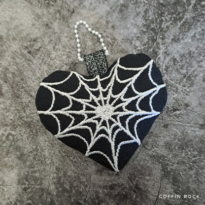 Spiderweb heart plushie Halloween ITH embroidery design, creepy-cute heart plush with spiderweb detail