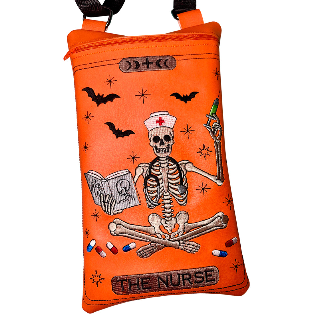 The Nurse skeleton tarot card embroidery design with syringe, anatomy book and bats