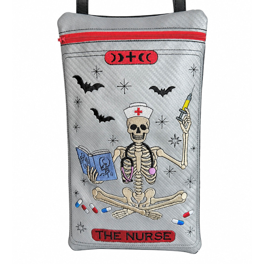 The Nurse Tarot Card Zipper Bag - Skeleton Nurse Embroidery Design