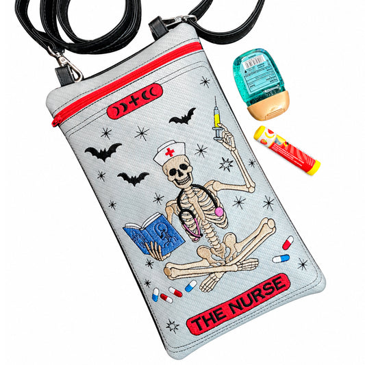 The Nurse Tarot Card Zipper Bag - Skeleton Nurse Embroidery Design