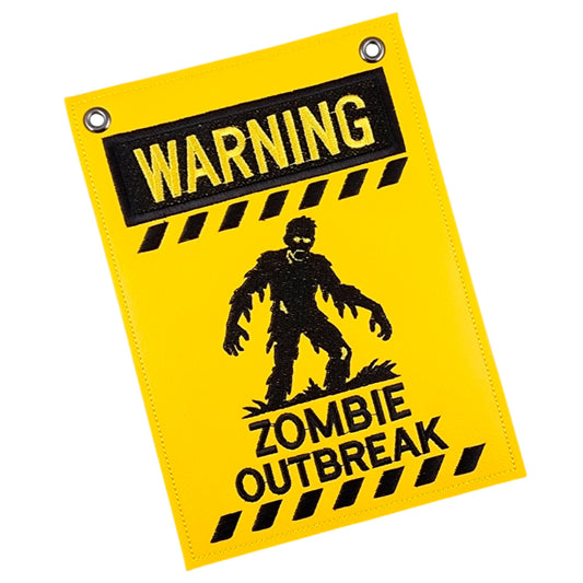 Zombie Outbreak Halloween embroidery design featuring a zombie, with a door sign and matching patch. Digital machine embroidery files for spooky decor, jackets, and bags.